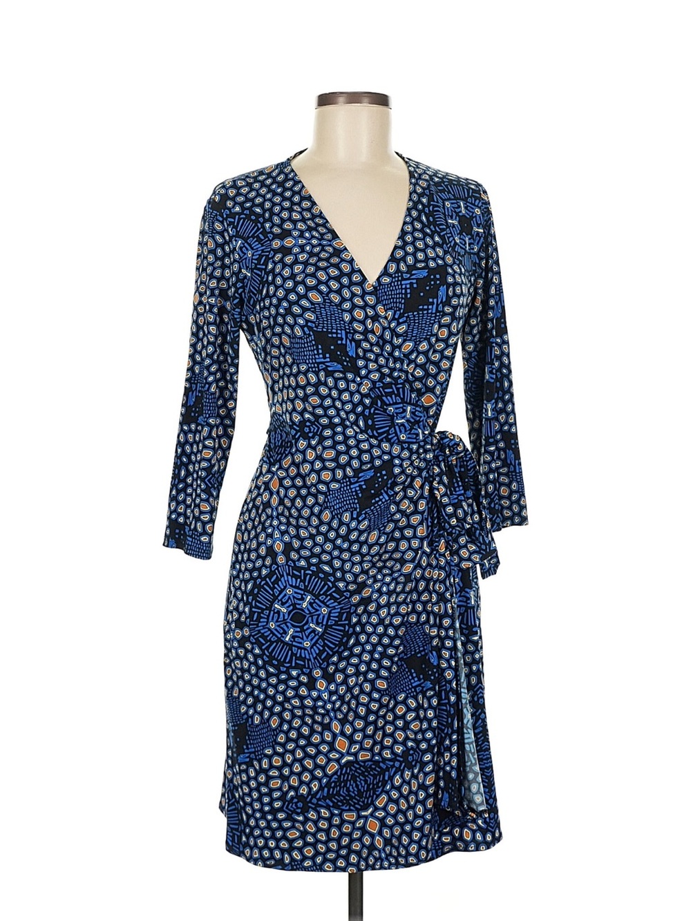 Donna Morgan Navy and White Printed Wrap Dress with Tie Waist